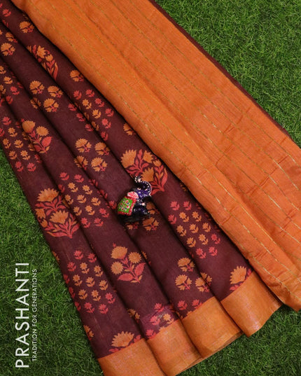 Pure tussar georgette saree wine shade and peach orange with allover floral prints and zari woven border - {{ collection.title }} by Prashanti Sarees
