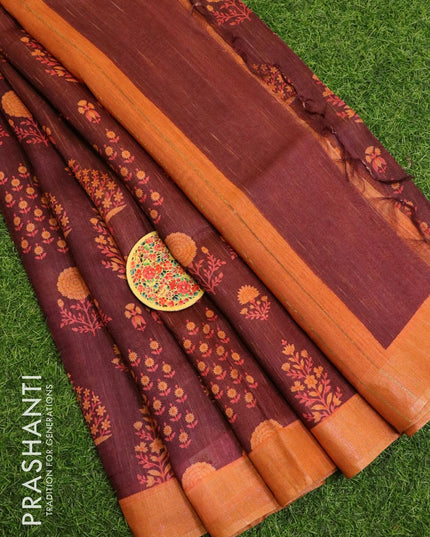 Pure tussar georgette saree wine shade and peach orange with allover floral prints and zari woven border - {{ collection.title }} by Prashanti Sarees