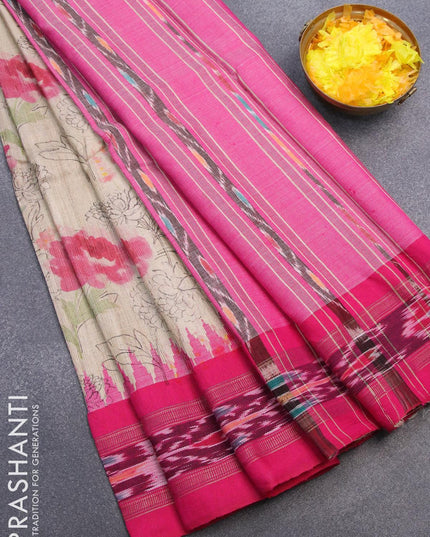 Pure tussar silk saree beige and pink with allover floral prints and temple design vidarbha border - {{ collection.title }} by Prashanti Sarees