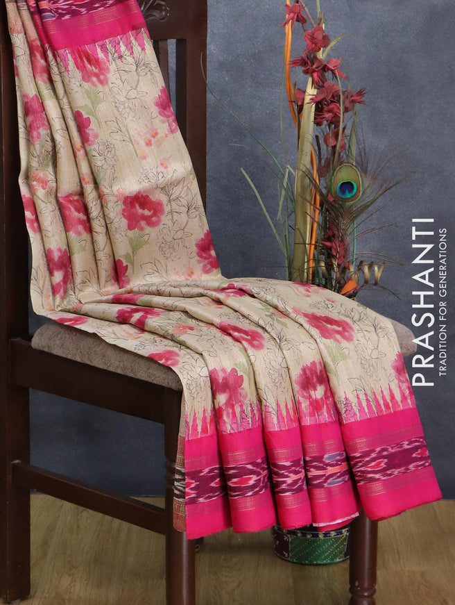 Pure tussar silk saree beige and pink with allover floral prints and temple design vidarbha border - {{ collection.title }} by Prashanti Sarees
