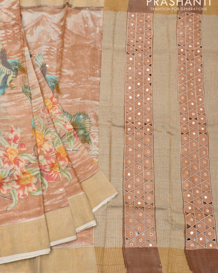 Pure tussar silk saree beige with allover prints and cut work pallu - {{ collection.title }} by Prashanti Sarees