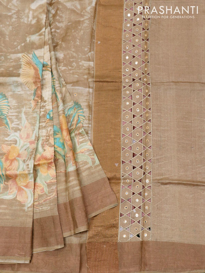 Pure tussar silk saree beige with allover prints and cut work pallu - {{ collection.title }} by Prashanti Sarees