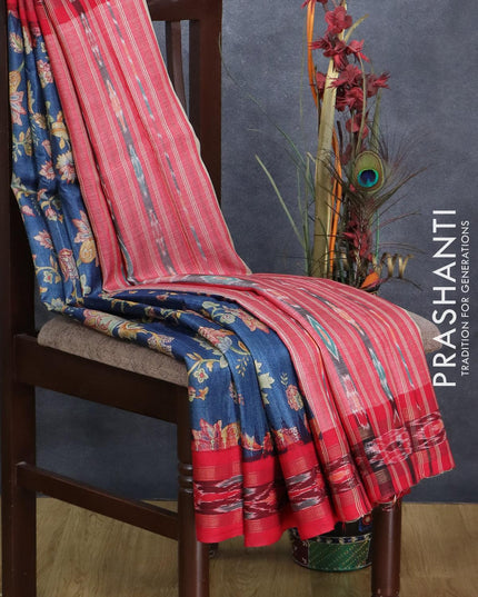 Pure tussar silk saree blue and red with allover floral printrs and vidarbha border BOQ2333 - {{ collection.title }} by Prashanti Sarees