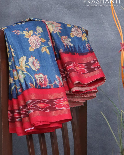 Pure tussar silk saree blue and red with allover floral printrs and vidarbha border BOQ2333 - {{ collection.title }} by Prashanti Sarees