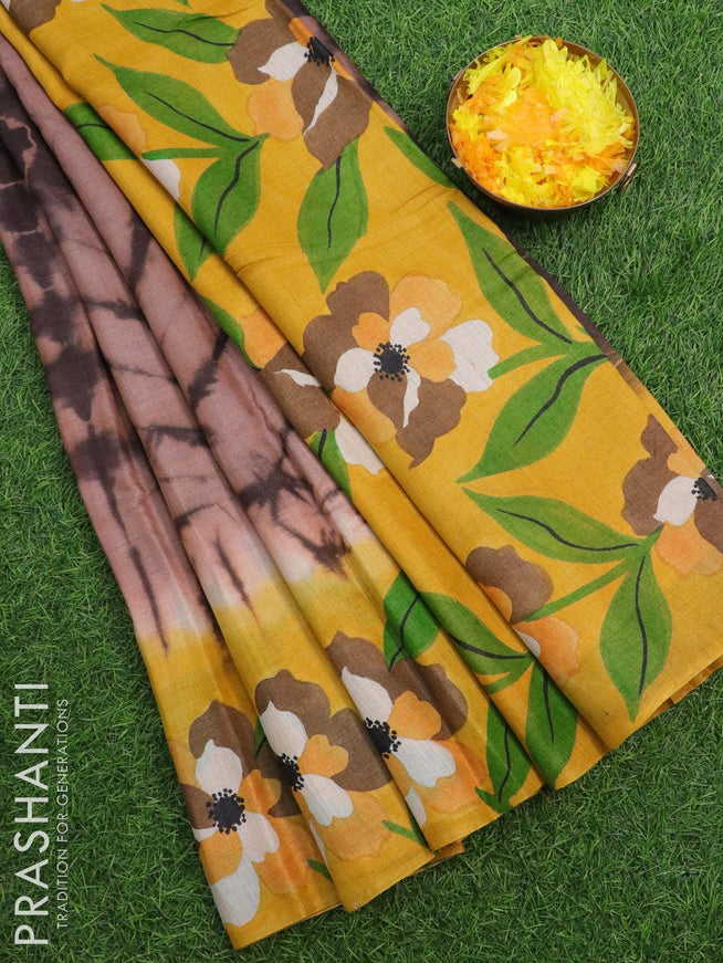 Pure tussar silk saree brown and mustard yellow with allover tie & dye prints and printed border - {{ collection.title }} by Prashanti Sarees