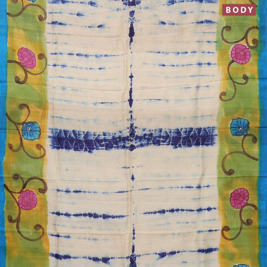 Pure tussar silk saree cream and blue with allover tie & dye prints and printed border - {{ collection.title }} by Prashanti Sarees