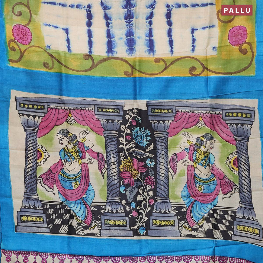 Pure tussar silk saree cream and blue with allover tie & dye prints and printed border - {{ collection.title }} by Prashanti Sarees