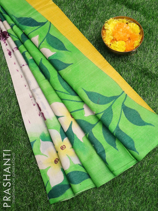 Pure tussar silk saree cream and green with allover tie & dye prints and printed border - {{ collection.title }} by Prashanti Sarees
