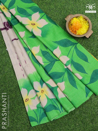 Pure tussar silk saree cream and light green with tie & dye prints and printed border