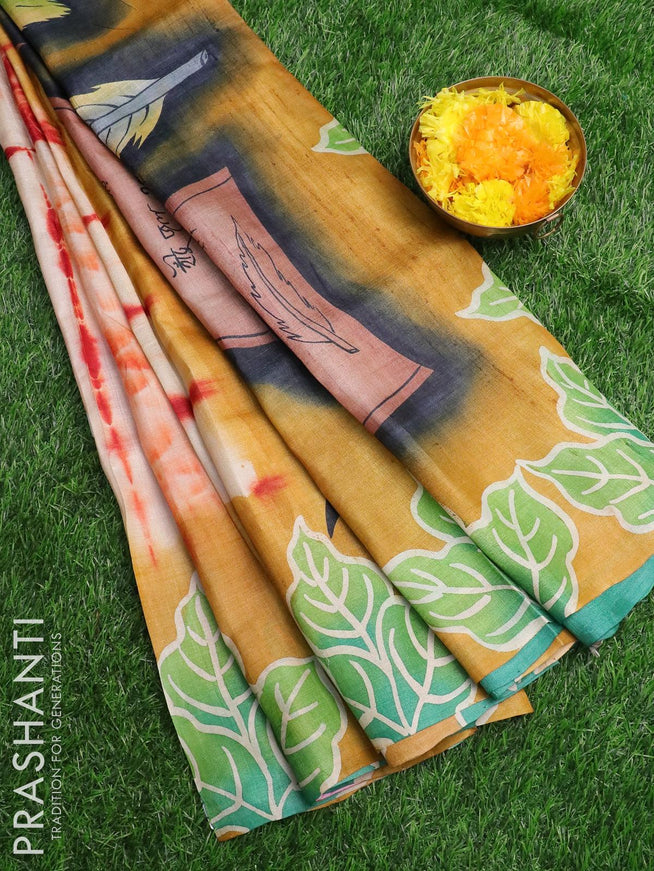 Pure tussar silk saree cream and mustard yellow with allover tie & dye prints and printed border - {{ collection.title }} by Prashanti Sarees