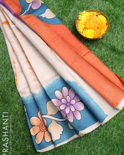 Pure tussar silk saree cream and peacock blue with allover tie & dye prints and printed border - {{ collection.title }} by Prashanti Sarees