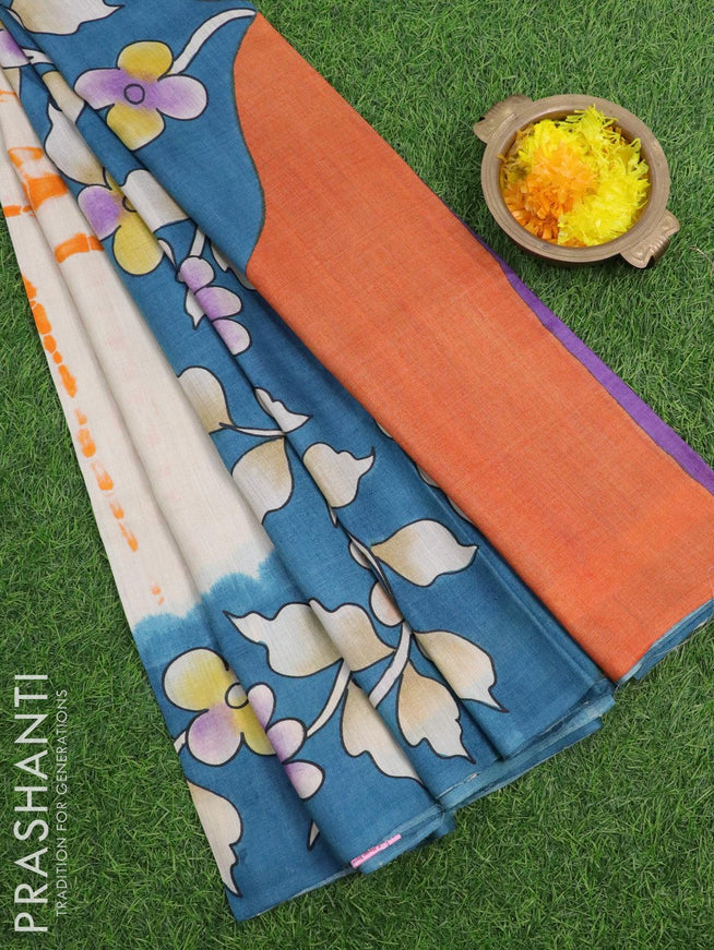 Pure tussar silk saree cream and peacock blue with tie & dye prints and printed border - {{ collection.title }} by Prashanti Sarees