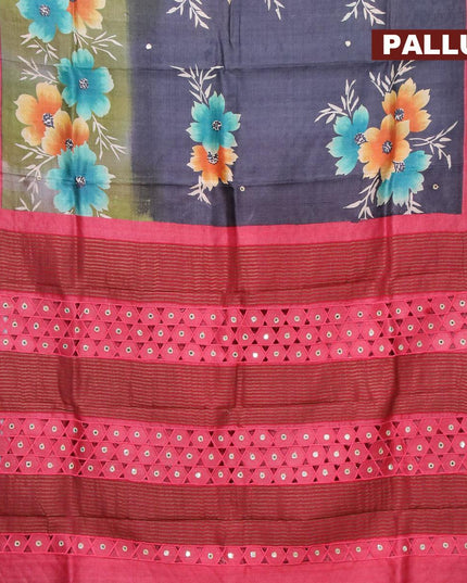 Pure tussar silk saree dark grey and pink with floral prints and cut work pallu - {{ collection.title }} by Prashanti Sarees