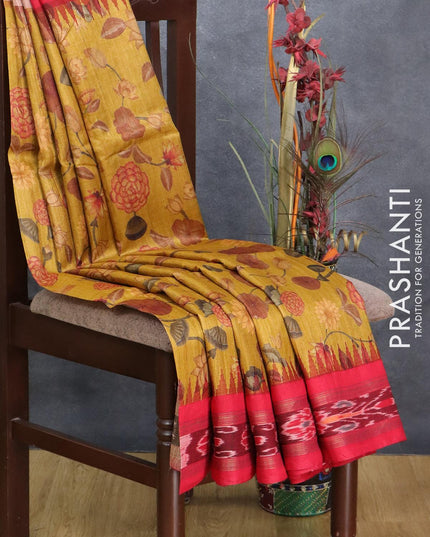 Pure tussar silk saree dark mustrad and red with allover floral prints and temple design vidarbha border - {{ collection.title }} by Prashanti Sarees