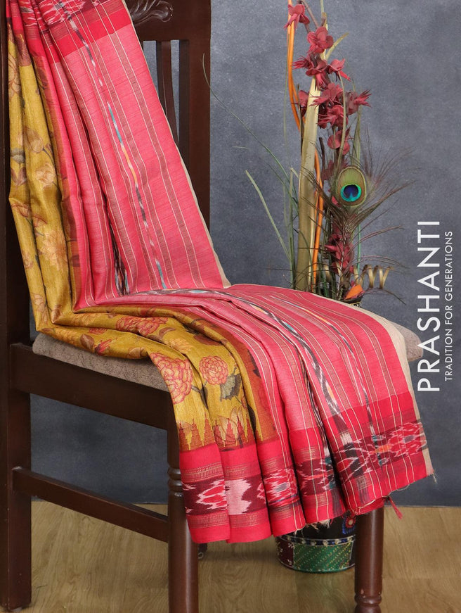 Pure tussar silk saree dark mustrad and red with allover floral prints and temple design vidarbha border - {{ collection.title }} by Prashanti Sarees