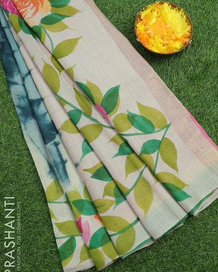 Pure tussar silk saree dark peacock green and cream with allover tie & dye prints and printed border - {{ collection.title }} by Prashanti Sarees