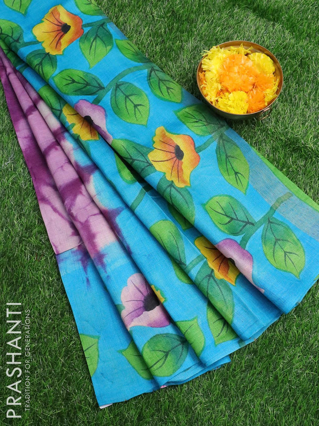 Pure tussar silk saree deep purple and light blue with allover tie & dye prints and printed border - {{ collection.title }} by Prashanti Sarees