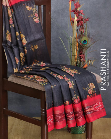 Pure tussar silk saree elephant grey and red with allover floral printrs and vidarbha border BOQ2332 - {{ collection.title }} by Prashanti Sarees