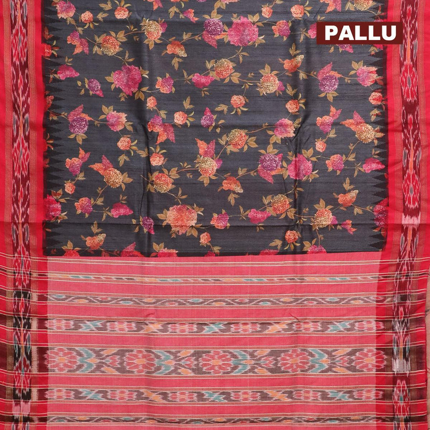 Pure tussar silk saree elephant grey and red with allover floral prints and vidarbha border - {{ collection.title }} by Prashanti Sarees