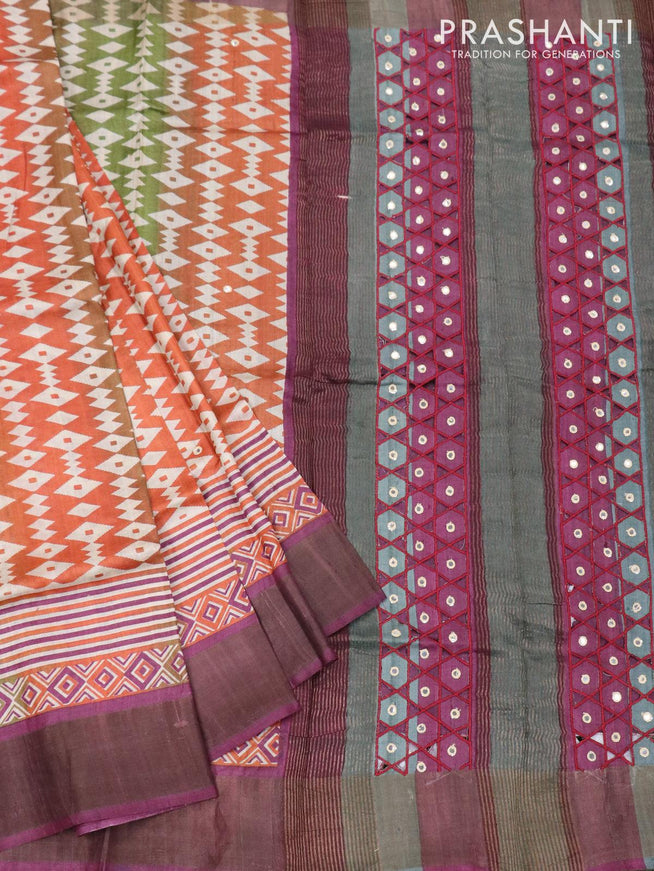 Pure tussar silk saree green orange and dark magenta with allover geometric prints and cut work pallu - {{ collection.title }} by Prashanti Sarees