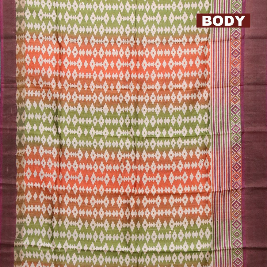 Pure tussar silk saree green orange and dark magenta with allover geometric prints and cut work pallu - {{ collection.title }} by Prashanti Sarees