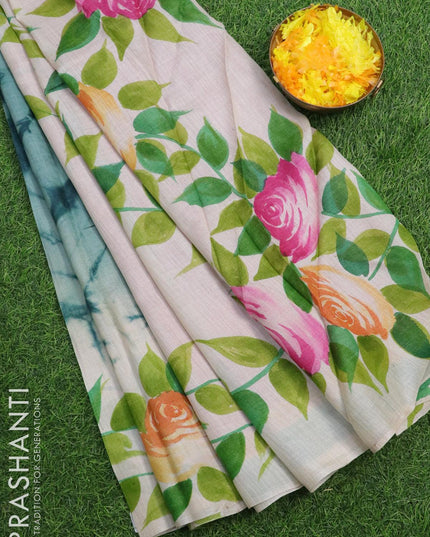 Pure tussar silk saree green shade and cream with allover tie & dye prints and printed border - {{ collection.title }} by Prashanti Sarees