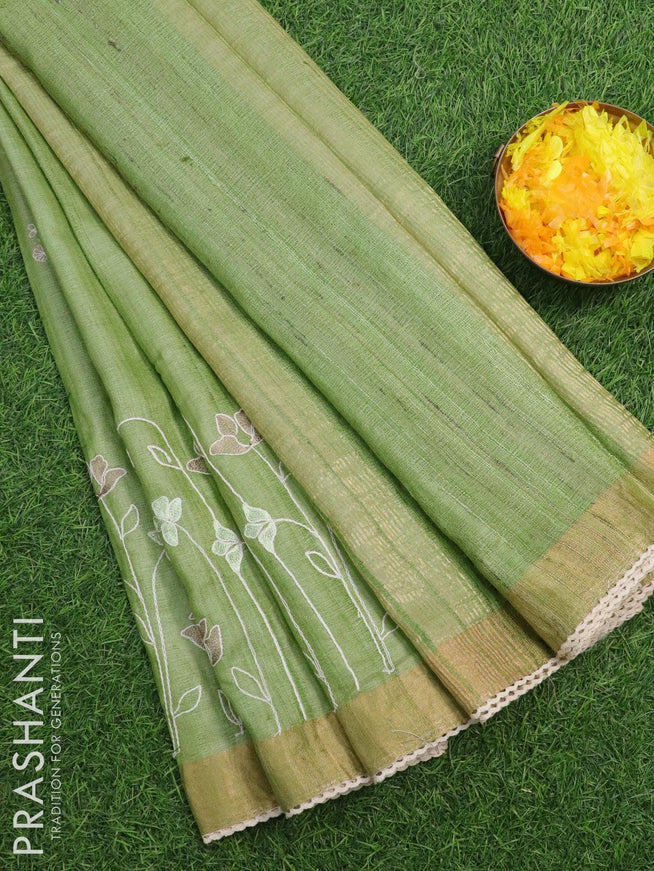 Pure tussar silk saree green shade with allover floral lucknowi work and zari woven border - {{ collection.title }} by Prashanti Sarees