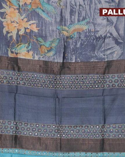 Pure tussar silk saree grey and light blue with allover prints and cut work pallu - {{ collection.title }} by Prashanti Sarees
