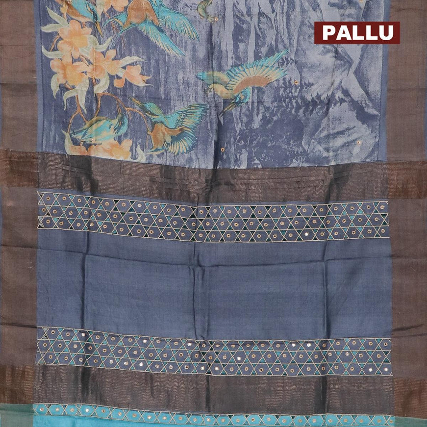 Pure tussar silk saree grey and light blue with allover prints and cut work pallu - {{ collection.title }} by Prashanti Sarees