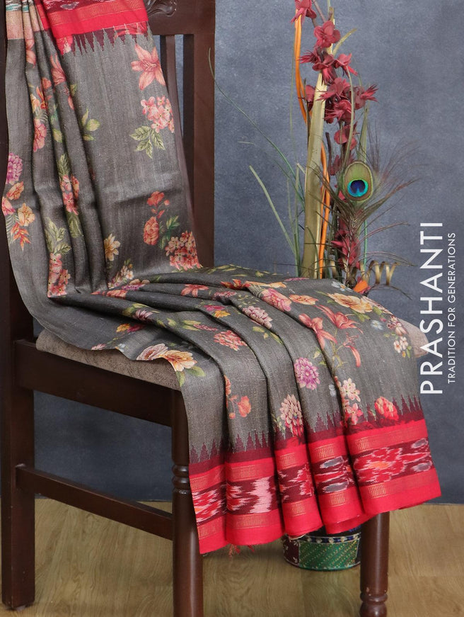 Pure tussar silk saree grey and red with allover floral prints and temple design vidarbha border - {{ collection.title }} by Prashanti Sarees