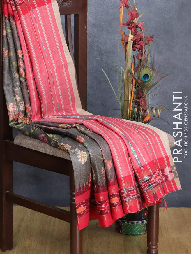 Pure tussar silk saree grey and red with allover floral prints and temple design vidarbha border - {{ collection.title }} by Prashanti Sarees