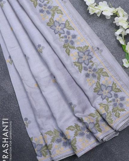 Pure tussar silk saree grey with embroidery buttas and floral design embroidery border - {{ collection.title }} by Prashanti Sarees
