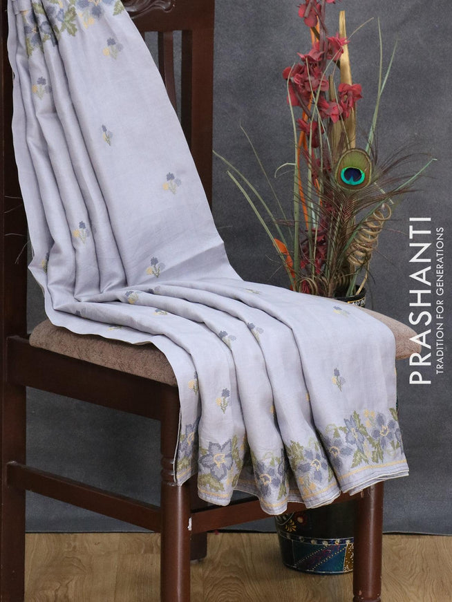 Pure tussar silk saree grey with embroidery buttas and floral design embroidery border - {{ collection.title }} by Prashanti Sarees