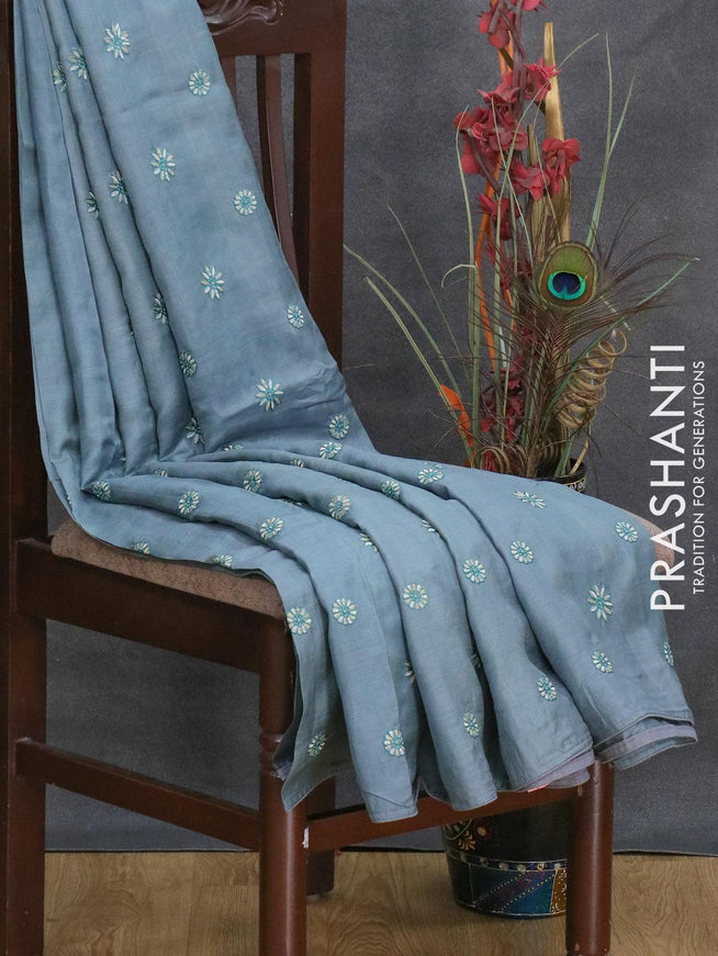Pure tussar silk saree grey with floral embroidery buttas in borderless style - {{ collection.title }} by Prashanti Sarees