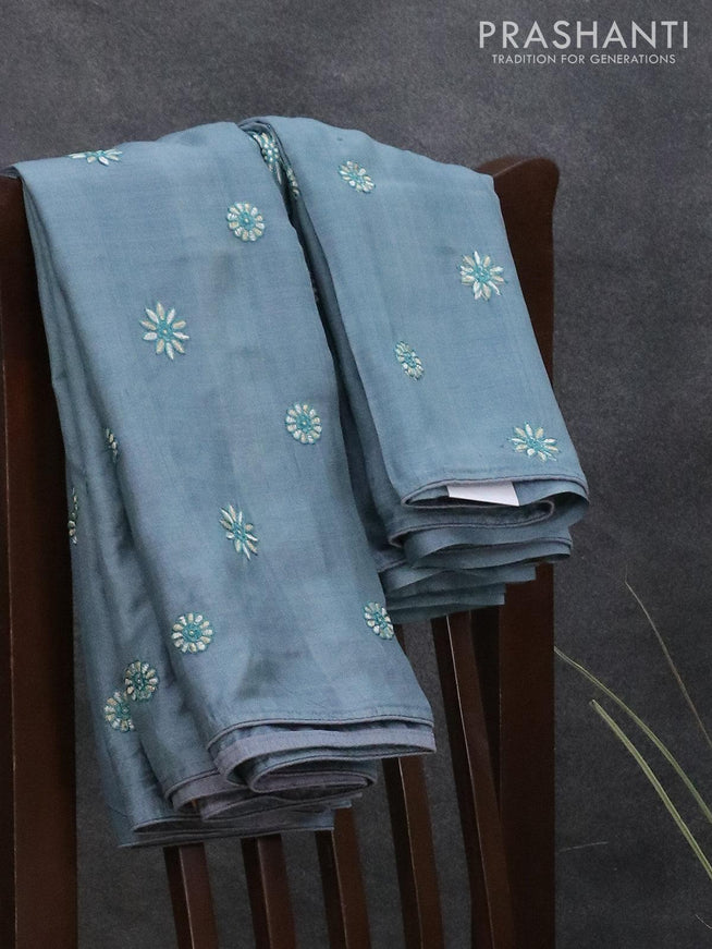 Pure tussar silk saree grey with floral embroidery buttas in borderless style - {{ collection.title }} by Prashanti Sarees