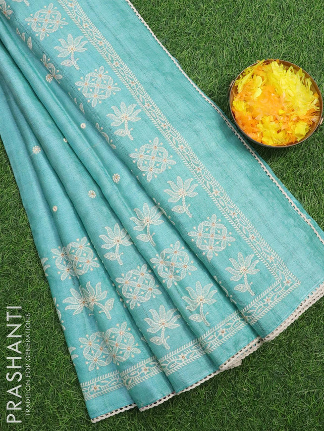 Pure tussar silk saree light blue with allover floral lucknowi work and crocia lace work border LBX6290 - {{ collection.title }} by Prashanti Sarees