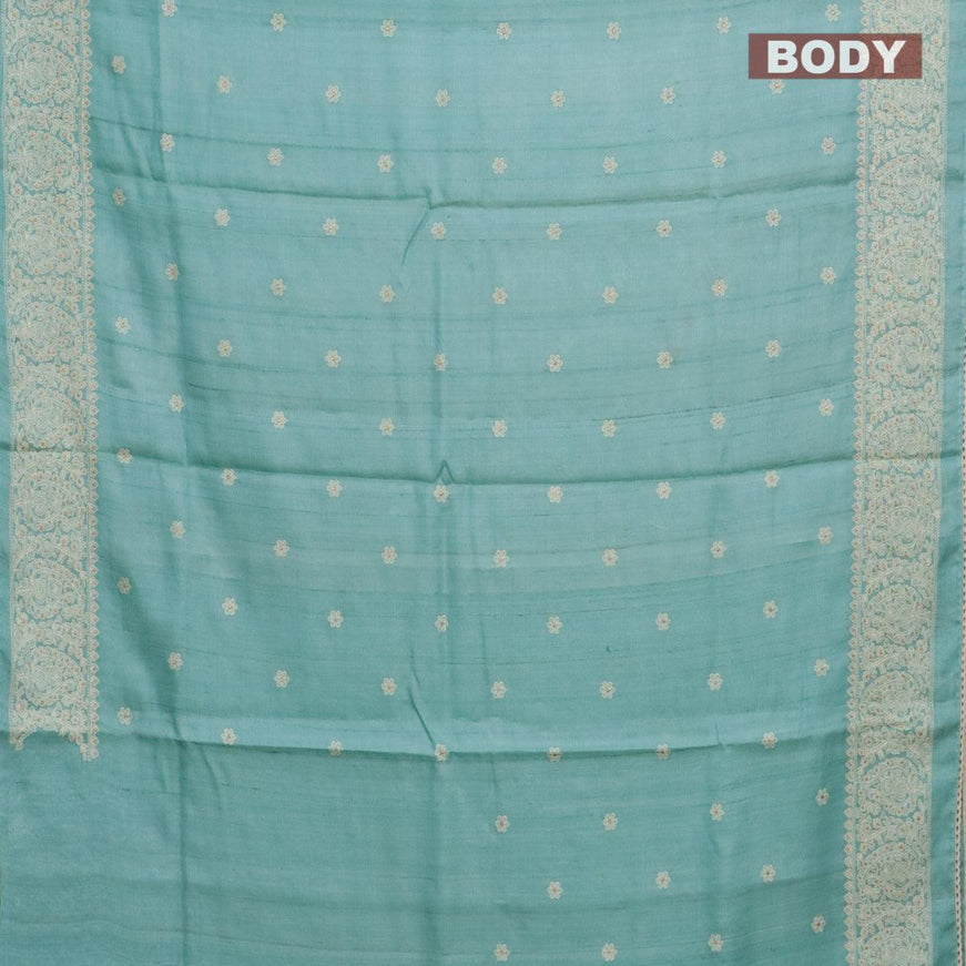 Pure tussar silk saree light blue with allover floral lucknowi work and crocia lace work border - {{ collection.title }} by Prashanti Sarees