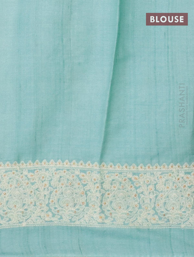 Pure tussar silk saree light blue with allover floral lucknowi work and crocia lace work border - {{ collection.title }} by Prashanti Sarees