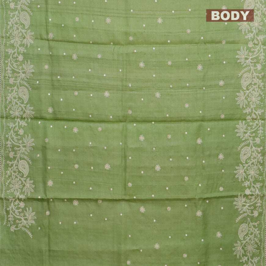 Pure tussar silk saree light green with allover floral lucknowi work and crocia lace work border - {{ collection.title }} by Prashanti Sarees