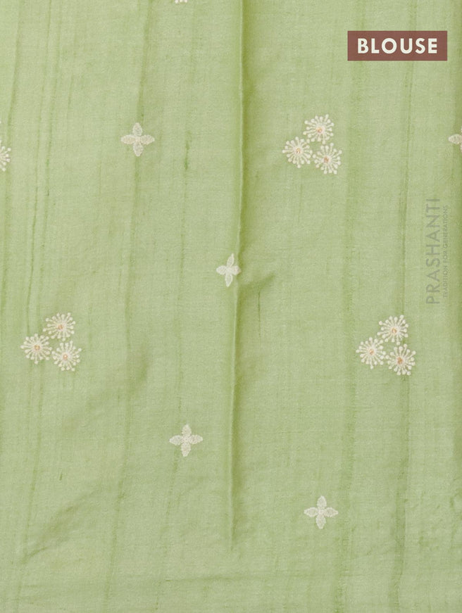 Pure tussar silk saree light green with allover floral lucknowi work and crocia lace work border - {{ collection.title }} by Prashanti Sarees