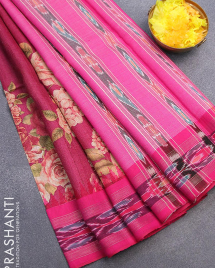 Pure tussar silk saree magenta pink and pink with allover floral prints and vidarbha border - {{ collection.title }} by Prashanti Sarees