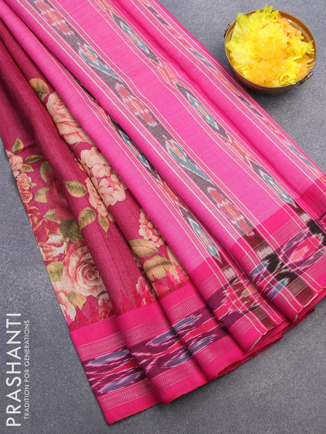 Pure tussar silk saree magenta pink and pink with allover floral prints and vidarbha border - {{ collection.title }} by Prashanti Sarees