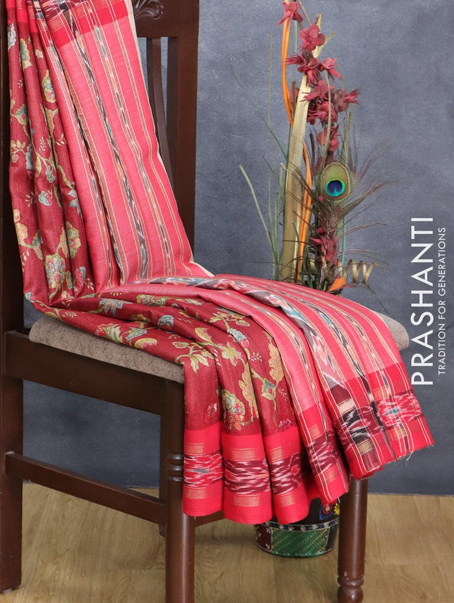 Pure tussar silk saree maroon and red with allover prints and vidarbha border - {{ collection.title }} by Prashanti Sarees