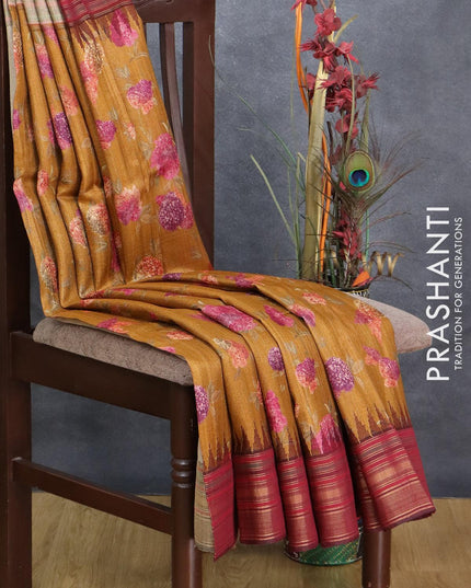 Pure tussar silk saree mustard yellow and maroon with allover floral printrs and temple design zari woven border - {{ collection.title }} by Prashanti Sarees