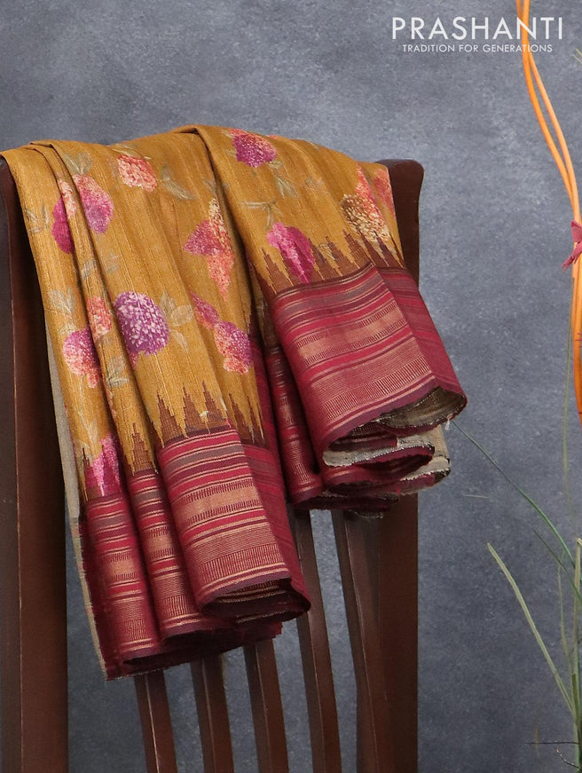 Pure tussar silk saree mustard yellow and maroon with allover floral printrs and temple design zari woven border - {{ collection.title }} by Prashanti Sarees