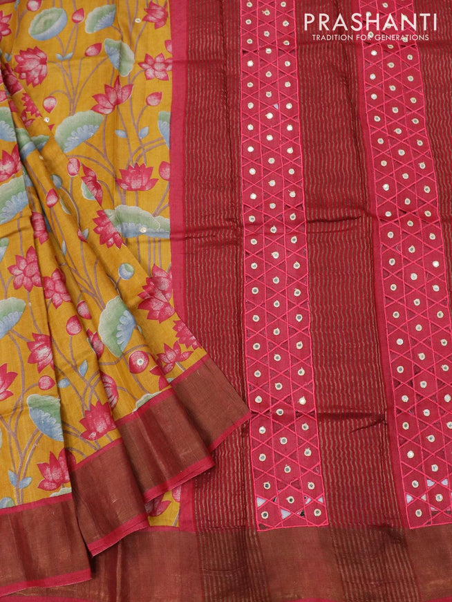 Pure tussar silk saree mustard yellow and maroon with allover pichwai prints and cut work pallu - {{ collection.title }} by Prashanti Sarees