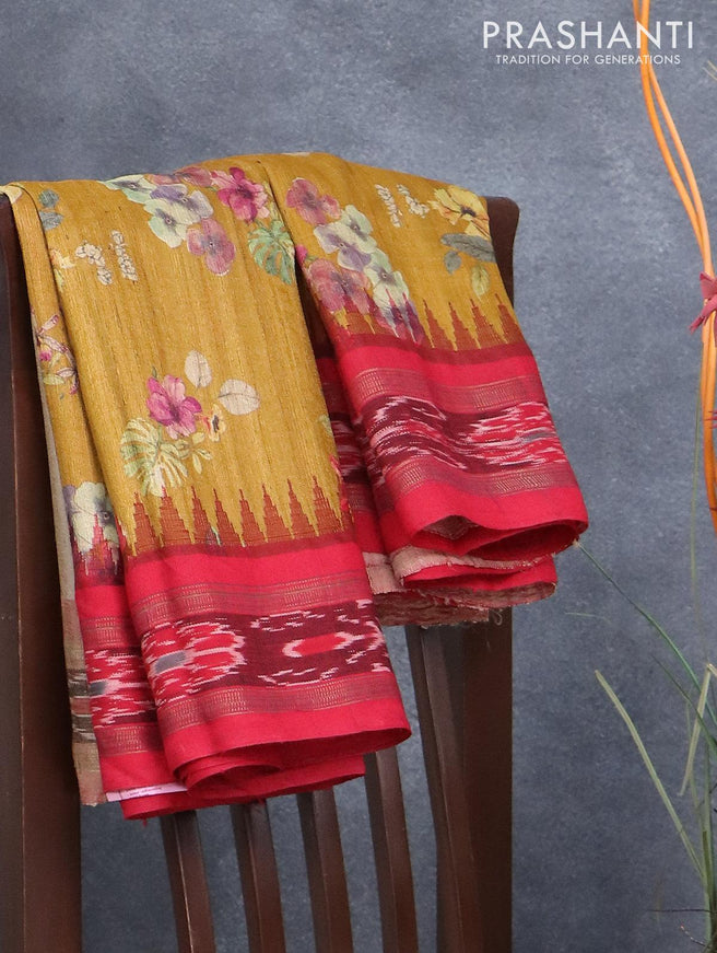 Pure tussar silk saree mustard yellow and red with allover floral printrs and vidarbha border - {{ collection.title }} by Prashanti Sarees