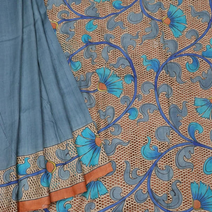 Pure tussar silk saree pastel blue and rustic orange with floral prints and cut work - {{ collection.title }} by Prashanti Sarees