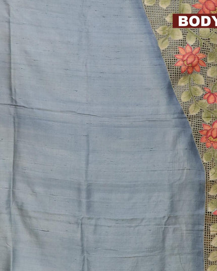 Pure tussar silk saree pastel blue and rustic orange with floral prints and cut work - {{ collection.title }} by Prashanti Sarees
