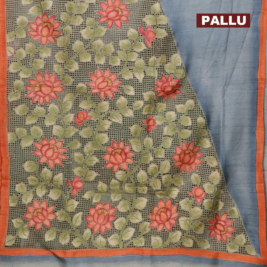 Pure tussar silk saree pastel blue and rustic orange with floral prints and cut work - {{ collection.title }} by Prashanti Sarees